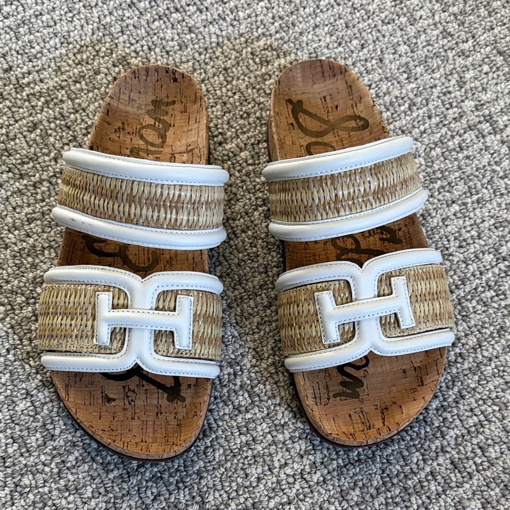 New Sam Edelman Rowan Natural White Tan Slides Sandals Shoes 7 8.5